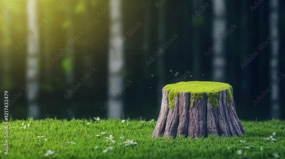 Aufkleber mossy tree stump in forest clearing - a mossy tree stump sits in a clearing, sunlight filtering thro