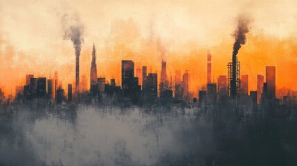 Layered composition of smog, city, and industrial skyline, vibrant orange and gray tones symbolizing pollutionâ€™s spread.