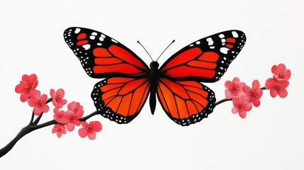 Obraz premium Orange Butterfly on Blossom Branch - A vibrant orange butterfly rests delicately on a branch adorned with pink blossoms, symbolizing beauty, transformation, nature, spring, and new beginnings.