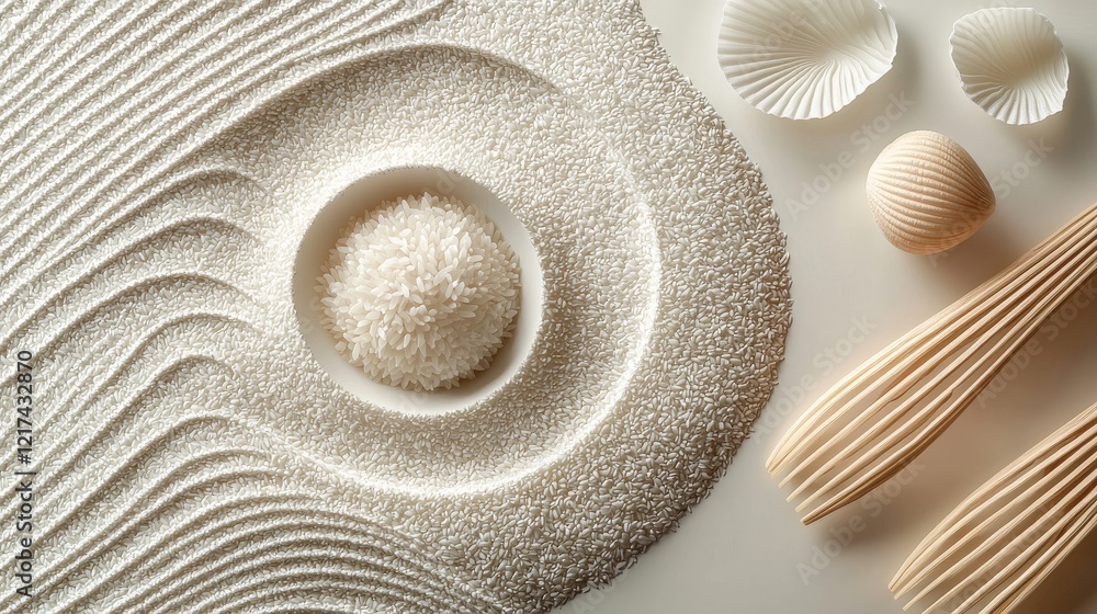 Aufkleber detailed conceptual arrangement of rice and shells with natural textures and patterns on a light bac