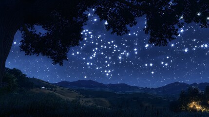 Naklejka premium Celestial Night Sky Over a Tranquil Valley
