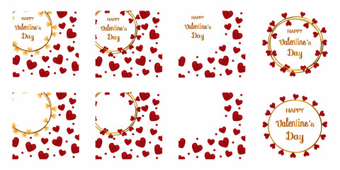 Set of Valentine's Day-themed designs includes variations of gold text, red heart patterns, and golden circular frames on a , offering a mix of elegant and festive styles. Perfect for social media pos