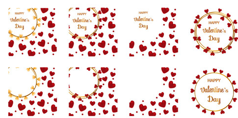 Set of Valentine's Day-themed designs includes variations of gold text, red heart patterns, and golden circular frames on a , offering a mix of elegant and festive styles. Perfect for social media pos