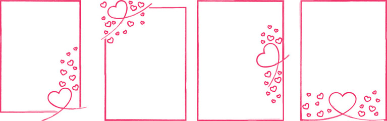 Set of four hand-drawn romantic card templates with elegant wavy borders and delicate heart decorations in a minimalist pink sketch style. These designs are perfect for Valentine's Day greeting cards,