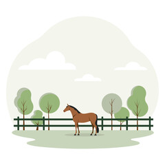 Brown horse standing near a wooden fence in a green field surrounded by trees and bushes under a cloudy sky