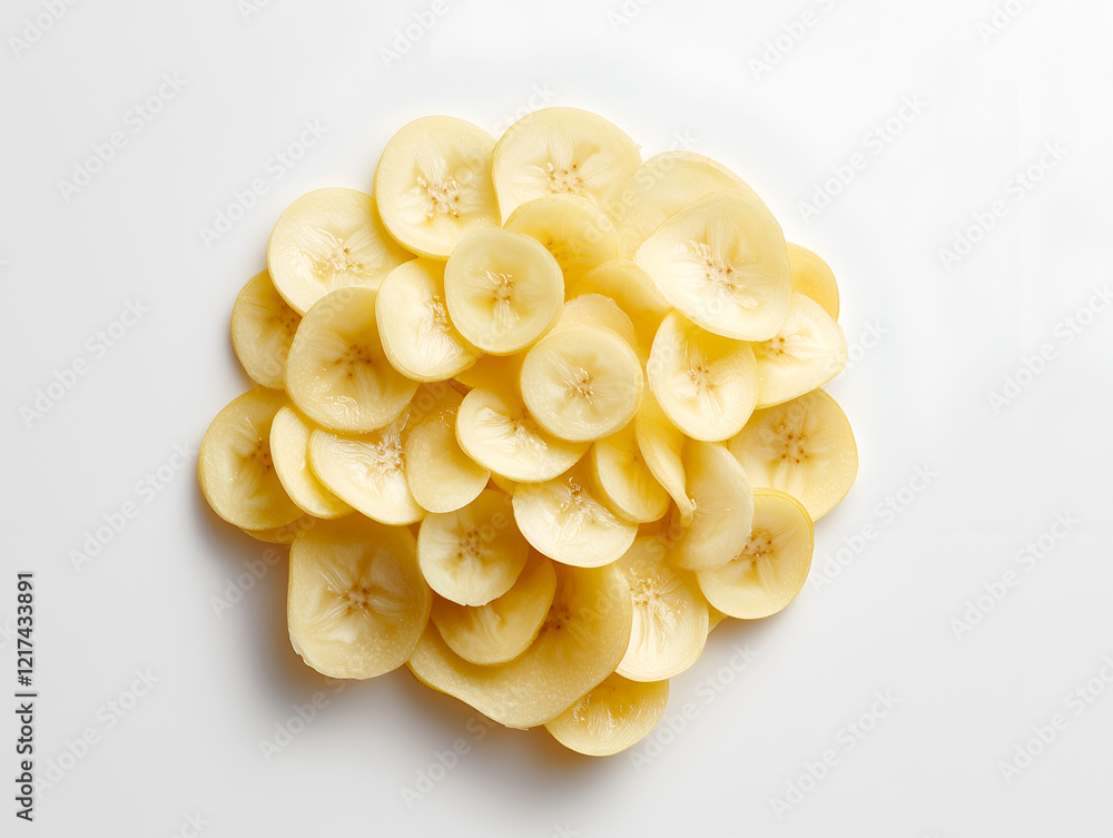Poster banana chips arranged in a circular pattern, creating a visually appealing and healthy snack image