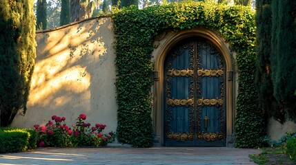 Ornate door, ivy wall, garden, sunlight, estate