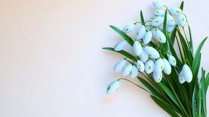 Fototapeta premium Spring snowdrops flowers minimal concept. A delicate bouquet of snowdrop flowers with green leaves against a light background, showcasing their elegance and seasonal beauty.