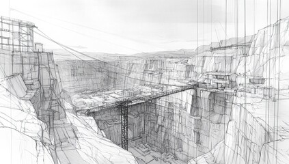 A detailed pencil sketch of an open-pit mine, showcasing the complex network