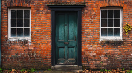 Rustic brick wall with a green door and window frames in a quaint village setting