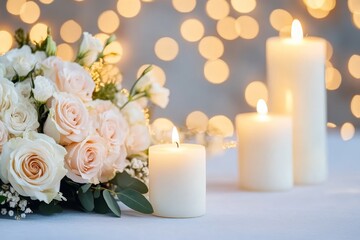 Obraz premium Romantic Rose Bouquet and Candles - A beautiful bouquet of cream and peach roses sits next to three burning candles, creating a warm and romantic ambiance. Perfect for wedding, anniversary, or sympat