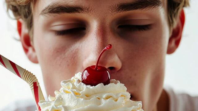 Young man enjoying milkshake with cherry and whipped cream closeup