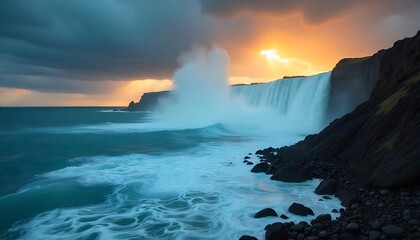 Obraz premium Dramatic coastal waterfall landscape with a vibrant sunset sky and rocky shores