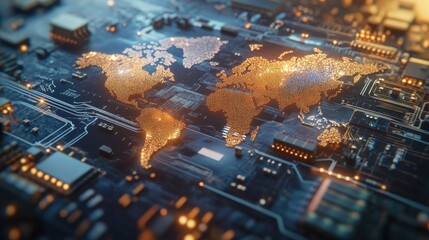 A 3D rendering of a world map integrated into a circuit board design.