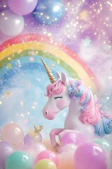 Magical Pastel Unicorn with Rainbows,Sparkles,and Balloons - Festive Fantasy Background