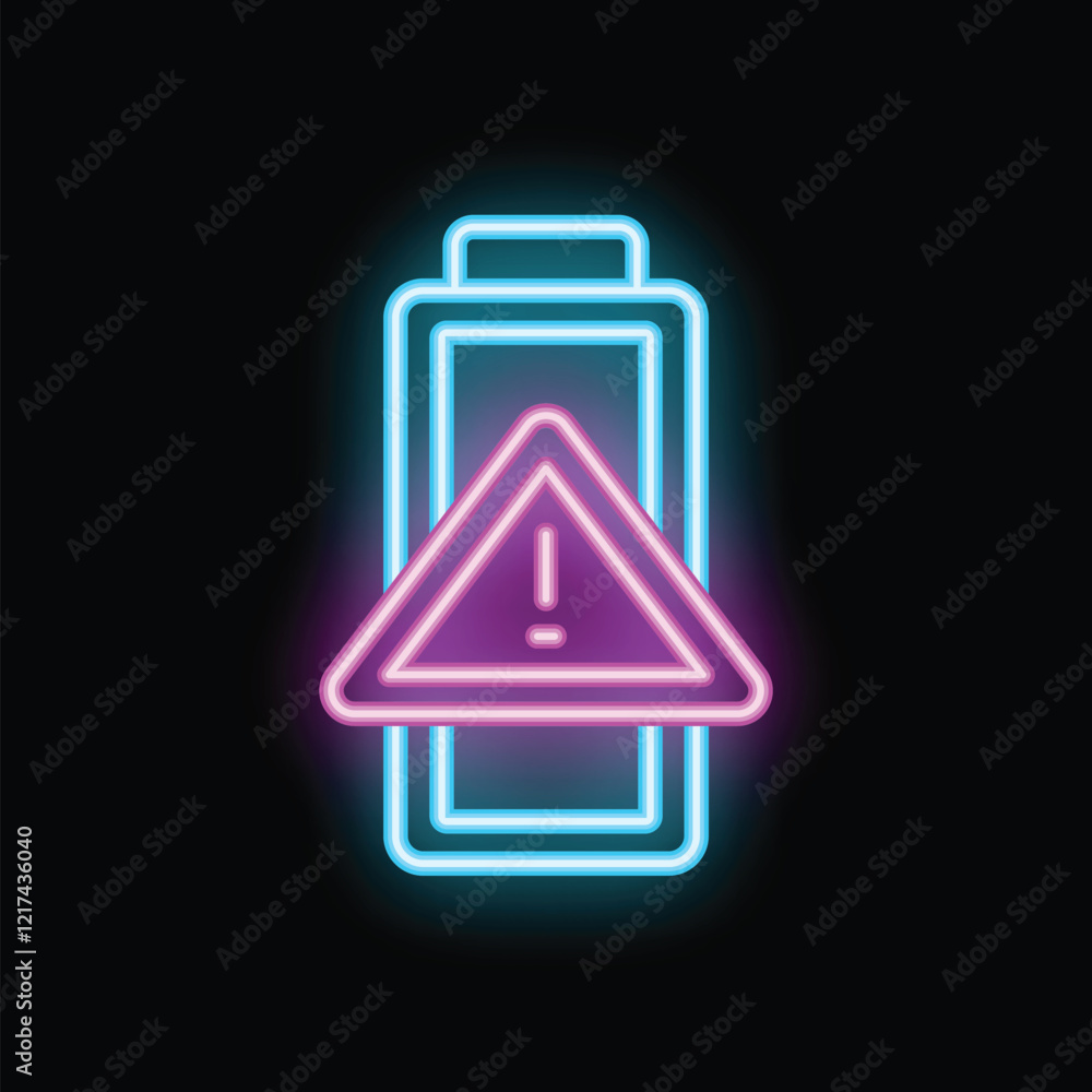 Poster glowing neon battery icon with warning alert triangle is showing low power