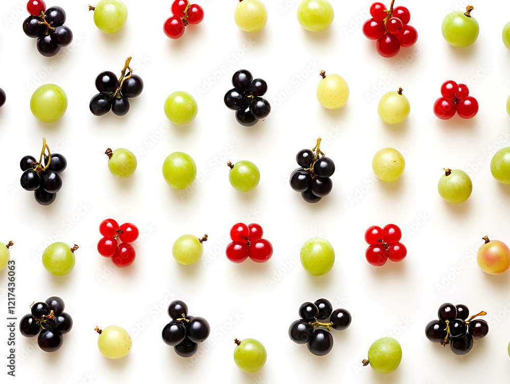 Poster vibrant flat lay of blackcurrants, redcurrants, and green grapes arranged in a repeating pattern, cr