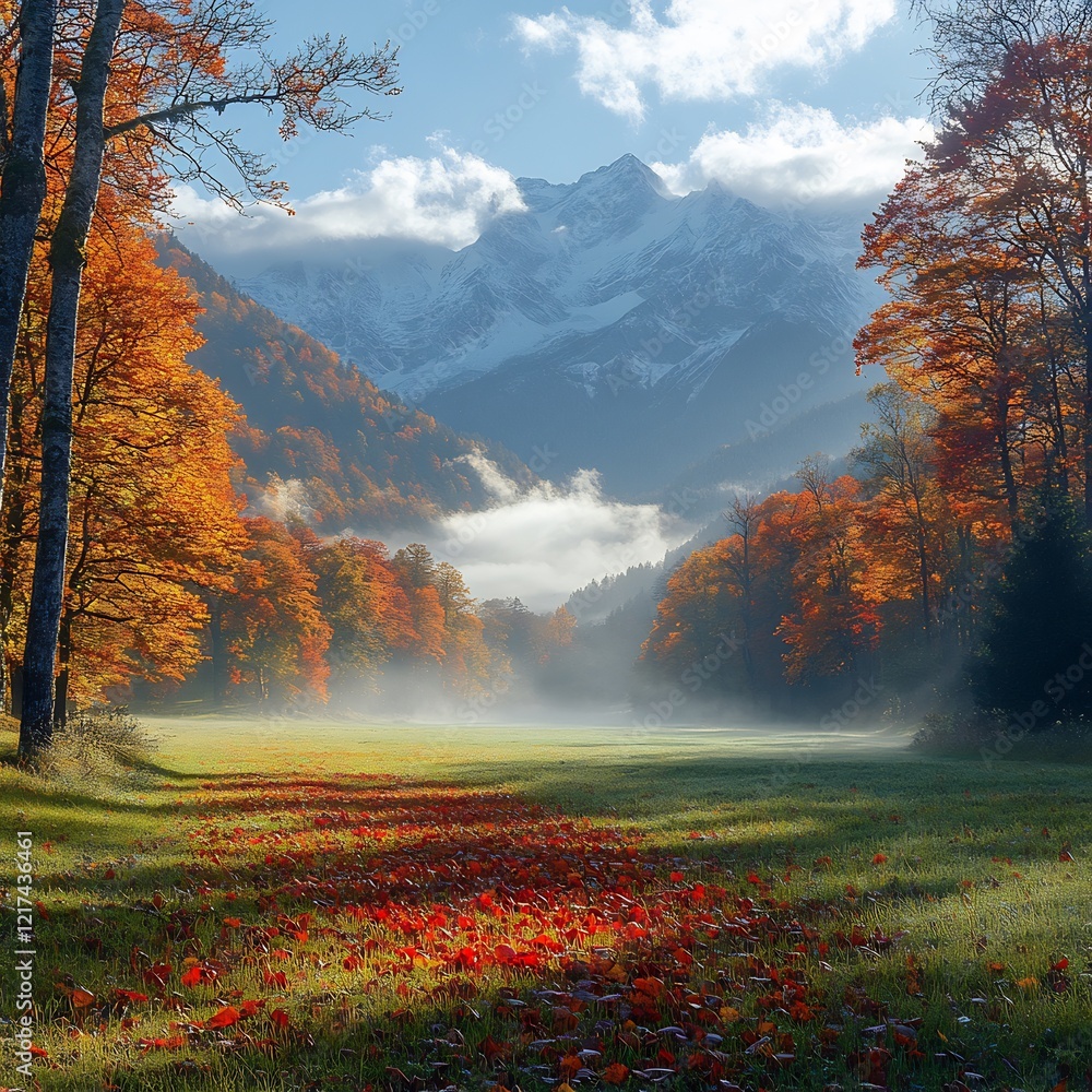 Poster panoramic view of fog covered meadow in autumn colorful leaves glowing through the mist distant moun