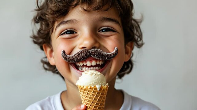 Joyful child with fake mustache enjoys ice cream cone, spreads happiness with laughter