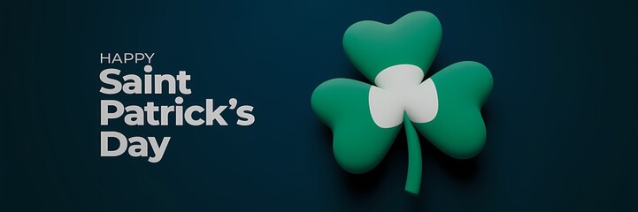 A 3D render of a minimalist Saint Patrick's Day poster with a dark theme. The poster contains the text "Happy Saint Patrick's Day" in white, bold font. There's a green shamrock with a white center. 
