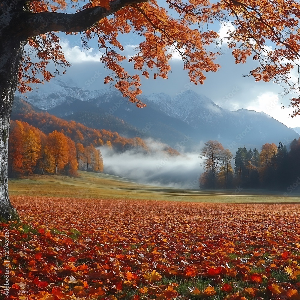 Poster Panoramic view of fog covered meadow in autumn colorful leaves glowing through the mist distant mountains and clouds adding to the serene and idyllic beauty