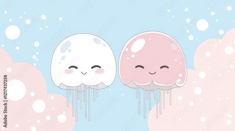 Poster cute cartoon jellyfish characters with smiling expressions in a soft pastel background for fun and p
