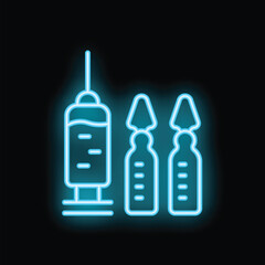 Bright neon blue icon of a syringe and two ampoules glowing on a black background, representing medical concepts