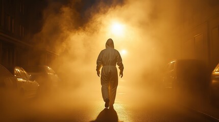 Obraz premium Person in a hazmat suit walking through a foggy, polluted urban street, dramatic lighting, environmental crisis concept.