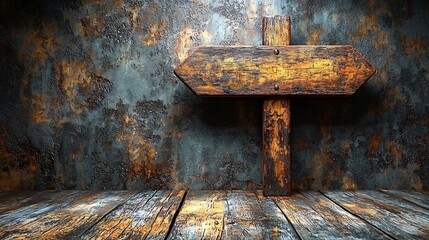 Rustic wooden signpost against grunge wall.  Background weathered wood floor. Use website, blog