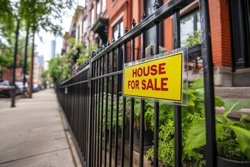 real estate, A vibrant 'House for Sale' sign in yellow on an iron fence, showcasing a charming neighborhood with red brick buildings and lush greenery. house for sale on banner