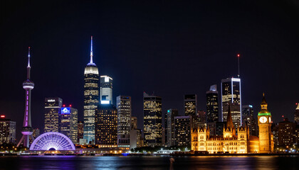 Fototapeta premium Illuminated city skyline at night, showcasing urban beauty