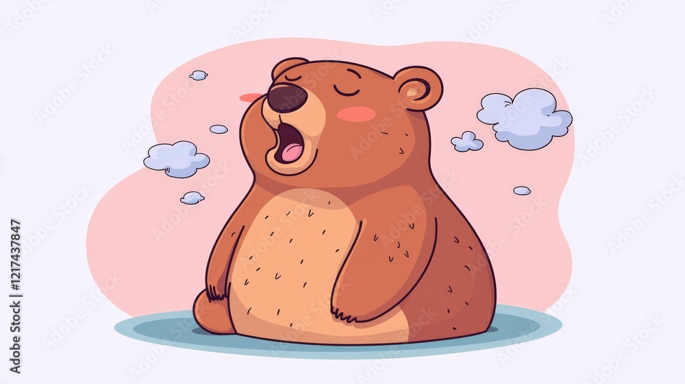 Aufkleber cute cartoon bear yawning with soft clouds and playful expression in a simple background design