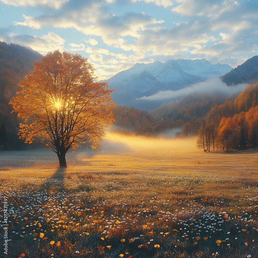 Poster panoramic view of fog covered meadow in autumn colorful leaves glowing through the mist distant moun
