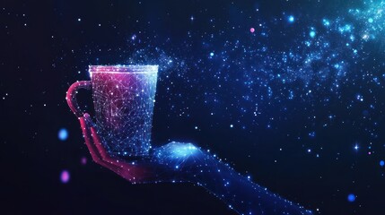 Glowing polygonal hand holding a steaming cup of coffee against a dark, starry background.