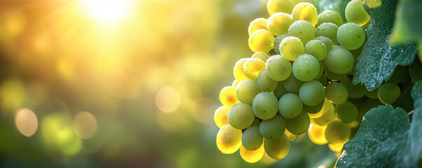 Sunlit green grapes on vine with morning dew in vineyard