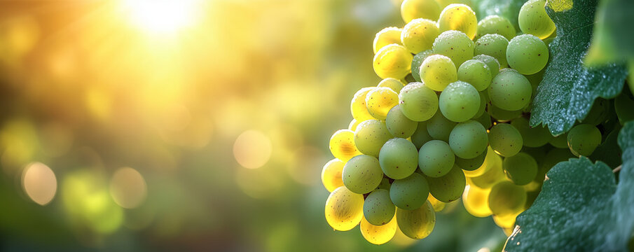 Sunlit green grapes on vine with morning dew in vineyard