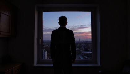 Obraz premium Man reflecting at window during sunset, introspection and calm