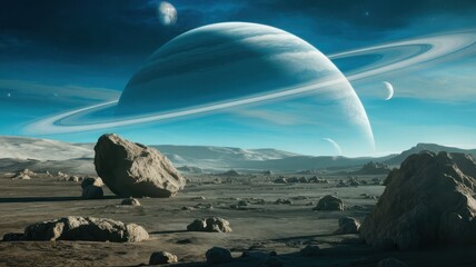 A breathtaking view of Saturn and its rings, set against a surreal extraterrestrial landscape, featuring rocky terrain and distant planets in the backdrop.
