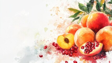 Watercolor painting of peaches and pomegranate.