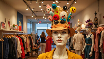 Obraz premium Whimsical mannequin showcasing colorful hat in trendy boutique, April Fool's Day
