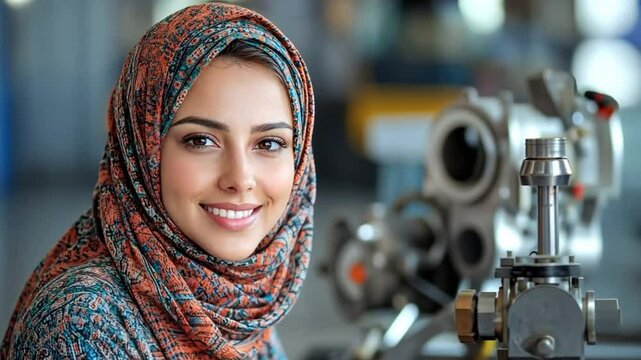 Smiling Woman in Hijab: A portrait of a young, smiling woman wearing a patterned hijab, set against a softly blurred industrial background. Her confident expression and warm smile convey strength.