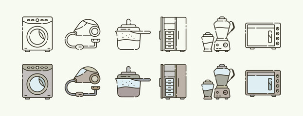 Home Appliance and Everyday Household Devices Icon Set with Outline and Color Variations