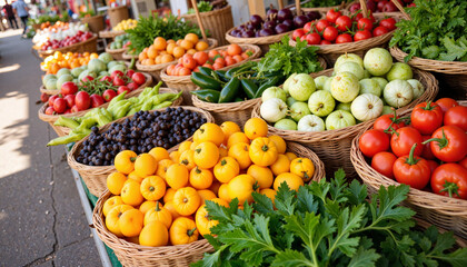 Vibrant market display of fresh fruits and vegetables, health celebration
