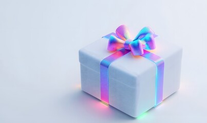 Obraz premium Iridescent gift box on white background, studio lighting, holiday surprise