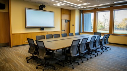 Modern Conference Room with Large Screen and Natural Light