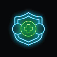 Obraz premium Neon glowing healthcare shield protecting community on black background