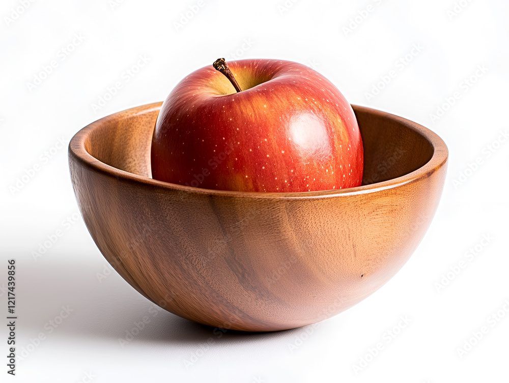 Poster a single red apple in a rustic wooden bowl with natural light casting soft shadows creating a minima