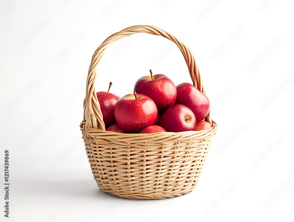 Poster wicker basket filled with fresh red apples isolated on a white background in a simple and natural co