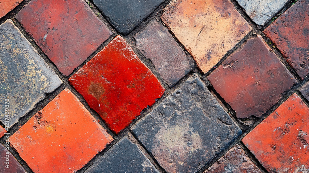 Poster exploring the colorful patterns of a weathered brick pathway in a public space
