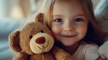 portrait of a cute little girl holding a brown teddy bear, smiling and looking at the camera inside the house.